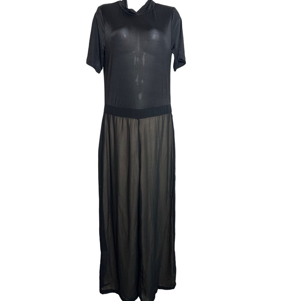 Uniq Black Sheer Mock Neck‎ Short Sleeve Wide Leg Jumpsuit, Large, NEW